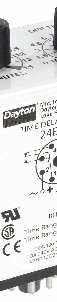 DAYTON Single Function Time Delay Relay: Socket Mounted, 120V AC/DC, 10 A, 8 Pins/Terminals (MPN 24EP38). Key specifications — Brand: DAYTON.