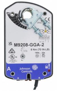 Actuator: Dampers, Proportional, Spring Return, 70 in-lb, 24V AC/DC, Hardwired, NEMA 2 / IP54 (MPN M9208-GGA-2). Key specifications — Manufacturer Part Number: M9208-GGA-2; Shaft Type: Self-Centering Clamping; Shaft Rotation: CW/CCW; Stroke Degree: 90°; Input Voltage: 24V AC/DC; Brand: JOHNSON CONTROLS; For Use With Building Automation Systems: Building Automation System Compatible; Electrical Connection Type: Hardwired.