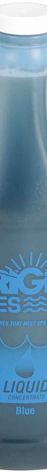 BRIGHT DYES Dye Tracer Liquid: Blue, Water Tracing Dye, Immediate, 1.8 cps Viscosity, <100 ppb (MPN 106002-01G). Key specifications — Brand: BRIGHT DYES; Dissolution Time: Immediate; Color: Blue; Dye Type: Water Tracing Dye; Coverage: 12,500 gal (Strong Visual), 125,000 gal (Light Visual); Detectability: 100 ppb.