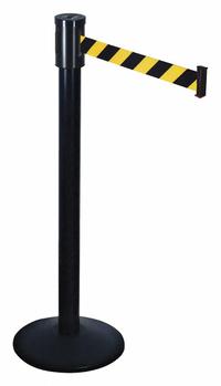 RETRACTA-BELT Barrier Post with Belt: Black/Yellow, Diagonal Stripe, No Legend, 15 ft Belt Lg, Black (MPN 321BA-BYD). Key specifications — Base Material: Cast Iron; Belt Color: Black/Yellow; Brand: RETRACTA-BELT; Post Material: Aluminum; Post Color: Black; Message: No Legend.