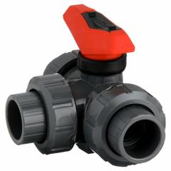 GF PIPING SYSTEMS Manual Three-Way Ball Valve: 1 in, PVC, L Flow, Socket x Socket x Socket (MPN 161543084). Key specifications — Brand: GF PIPING SYSTEMS; Handle: Locking Lever.