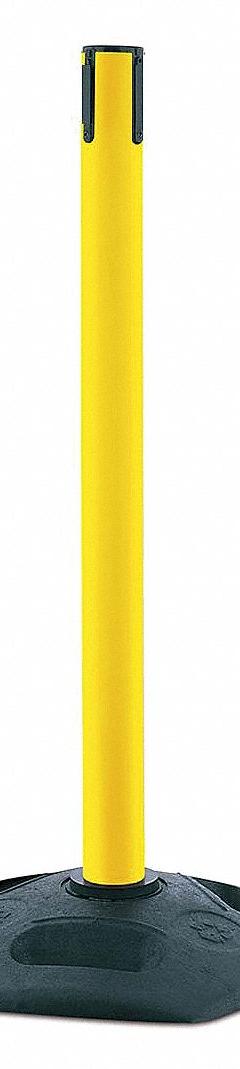 TENSABARRIER Single Belt Receiver Post: Round Sloped, 38 in Post Ht, Yellow, Plastic, Sloped (MPN 886-35-RCV). Key specifications — Brand: TENSABARRIER; Post Color: Yellow; Post Material: Plastic; Base Material: Rubber; Base Shape: Sloped.