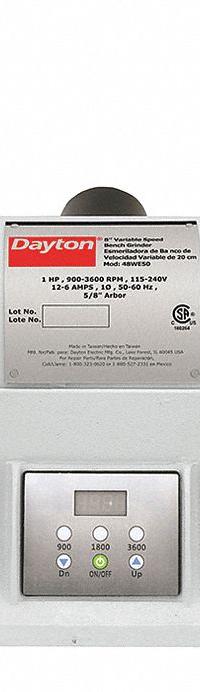DAYTON Bench Grinder: Variable Speed, 1 hp, 8 in Max Wheel Dia, 900 RPM to 3,600 RPM, 115/240V (MPN 48WE50). Key specifications — attr1086422: DAYTON.