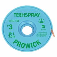 TECHSPRAY Desoldering Braid: Rosin Flux, # 3, 0.075 in, 10 ft, Green, ESD-Safe (MPN 1810-10F). Key specifications — Color: Green; Brand: TECHSPRAY; Manufacturer Part Number: 1810-10F.