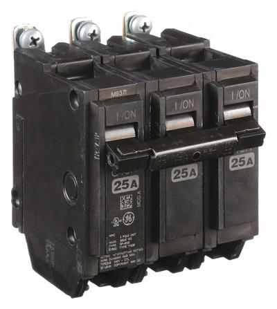 GE Miniature Circuit Breaker: THQB, 25 A, 120/240V AC, Three Phase, 10kA at 120/240V AC - THQB & THHQB Series, Bolt-On GE Miniature Circuit Breakers