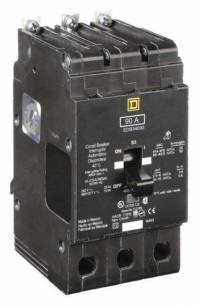 SQUARE D Miniature Circuit Breaker: 90 A, 277/480V AC, Three Phase, 18kA at 277/480V AC - EDB & EGB Series, Bolt-On Square D Miniature Circuit Breakers