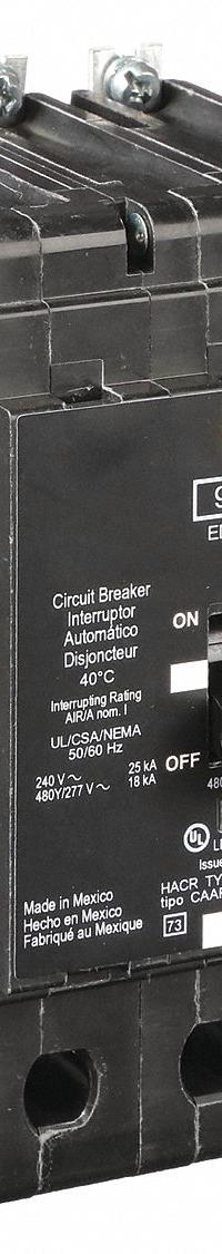 SQUARE D Miniature Circuit Breaker: 90 A, 277/480V AC, Three Phase, 18kA at 277/480V AC, 3 Poles (MPN EDB34090). Key specifications — Phase: Three; Amps: 90 A; AC Voltage Rating: 277/480V AC; Max. AIR Rating: 18kA at 277/480V AC; For Use With: Square D NF Panelboards; Brand: SQUARE D.