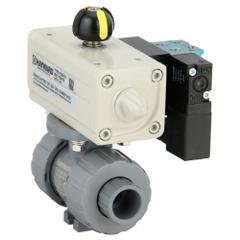 HAYWARD FLOW CONTROL Pneumatically Actuated Two-Way Ball Valve: 1/2 in, CPVC, Air to Air (MPN PSDTBH205STEA8). Key specifications — Brand: HAYWARD FLOW CONTROL; Connection Gender - Side 1: Female; Actuator Features: Position Indicator; Actuator Operation: Air to Air; Actuator Series: PSD; Connection Gender - Side 2: Female; Connection Type - Side 1: True-Union Socket/True-Union NPT; Connection Type - Side 2: True-Union Socket/True-Union NPT.