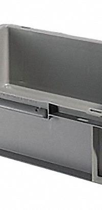 SSI SCHAEFER Straight Wall Tote: 2.8 gal, 15 3/4 in x 11 7/8 in x 4 3/4 in, Stacking Capable, Gray (MPN EF4120.GY1). Key specifications — Material: Plastic; Stackable: Stacking Capable; Brand: SSI SCHAEFER.