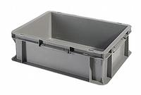 SSI SCHAEFER Straight Wall Tote: 2.8 gal, 15 3/4 in x 11 7/8 in x 4 3/4 in, Stacking Capable, Gray (MPN EF4120.GY1). Key specifications — Material: Plastic; Stackable: Stacking Capable; Brand: SSI SCHAEFER.