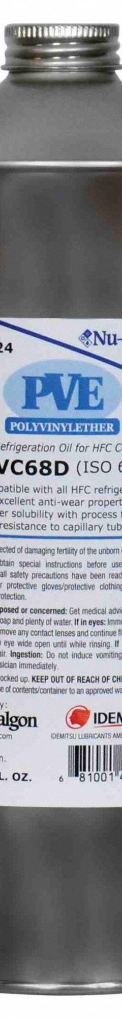 NU-CALGON Synthetic Oil: Polyvinyl Ether, 32 oz Can, 300 SUS, Clear, Idemitsu FVC68D (MPN 4319-24). Key specifications — Series: Idemitsu FVC68D; Viscosity Grade: ISO-68; Brand: NU-CALGON; Compatible Refrigerant Group: HFC; Compatible Refrigerant Type: R-134A; Product Type: Synthetic Oil.