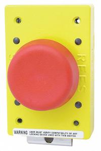 REES Emergency Stop Push Button: Non-Illuminated, Mushroom Head Profile, Non-Metallic, 57 mm (MPN 02182-002). Key specifications — Brand: REES; Action: Momentary; Terminal Connection: Pressure Plate; Push Button Material Type: Non-Metallic.