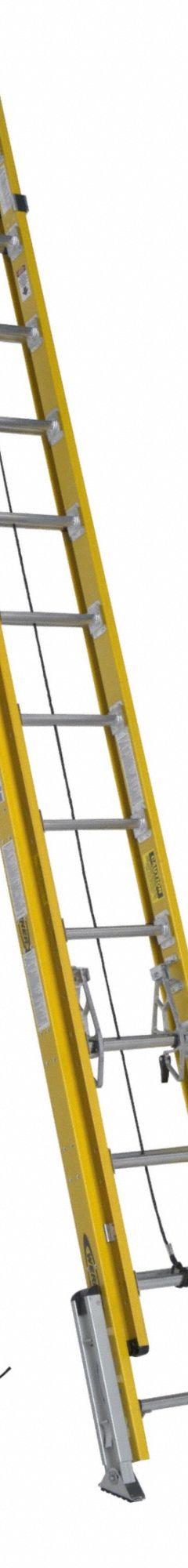 WERNER Extension Ladder: 24 ft Ladder Size, Fiberglass, 375 lb Load Capacity, 67 lb Wt, 2 Sections (MPN D7124-2LV). Key specifications — Color: Yellow; Brand: WERNER; Included Features: Leg Levelers; Removable Fly: Removable.
