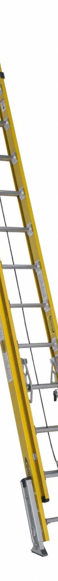 WERNER Extension Ladder: 24 ft Ladder Size, Fiberglass, 375 lb Load Capacity, 67 lb Wt, 2 Sections (MPN D7124-2LV). Key specifications — Color: Yellow; Brand: WERNER; Included Features: Leg Levelers; Removable Fly: Removable.