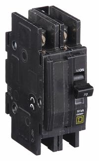 SQUARE D Miniature Circuit Breaker: 70 A, 120/240V AC, Single Phase, 10kA at 120/240V AC, 2 Poles (MPN QOU270). Key specifications — Phase: Single; Amps: 70 A; AC Voltage Rating: 120/240V AC; Max. AIR Rating: 10kA at 120/240V AC; For Use With: Air Conditioning and Refrigeration Equipment; Brand: SQUARE D.