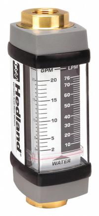 HEDLAND Mechanical Flowmeter: Water and Other Fluid Meter, Scale, Variable Area, Inline, Universal (MPN H755S-020). Key specifications — Display Type: Scale; O-Ring Material: Viton; Includes Flow Rate Adjustment Knob: No; Includes Pressure Guage: No; Mounting Orientation: Universal; Unit Of Measure: Gallons; Brand: HEDLAND; Accuracy: +/-2%.