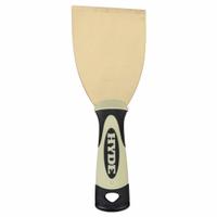 HYDE Scraper: Bld. Mat. Brass, Hdl. Mat. Plastic, Stiff, Bent Bld. Shape, 8 in Overall Lg (MPN 06421). Key specifications — attr1004902: HYDE; attr1012057: Half; attr1014703: Plastic; attr1017570: Hammer End; attr1029655: Bent; attr1034073: Straight.