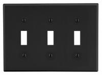 HUBBELL Wall Plate: Toggle, 3 Gang, Black, Std Size (MPN P3BK). Key specifications — Brand: HUBBELL; Material: Polycarbonate.