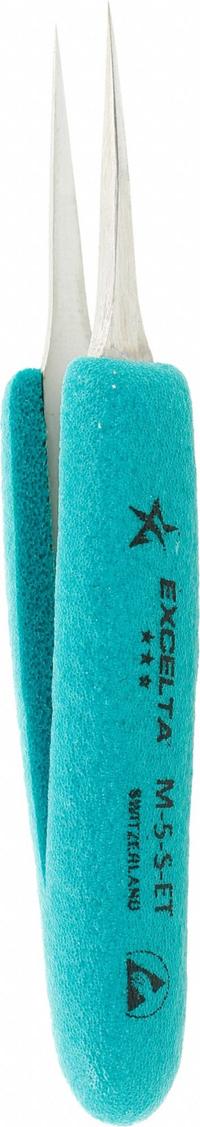 EXCELTA Tweezers: Point, Straight Tip, 0.002 in Tip Thick (MPN M-5-S-ET). Key specifications — attr1002345: EXCELTA; attr1002348: Stainless Steel; attr1024781: Ergonomic.