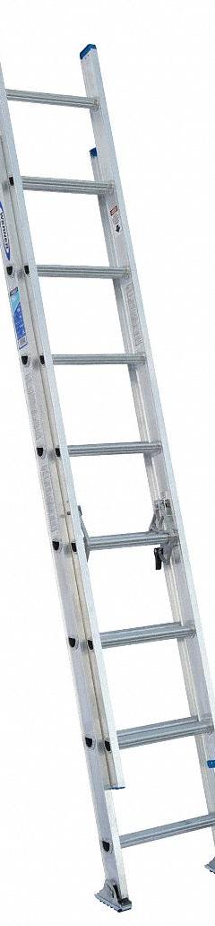 WERNER Extension Ladder: 16 ft Ladder Size, Aluminum, 250 lb Load Capacity, 26 lb Wt, 2 Sections (MPN D1316-2). Key specifications — Color: Silver; Brand: WERNER; Included Features: Rope and Pulley; Removable Fly: Removable.