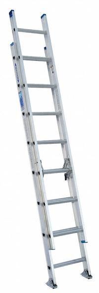 WERNER Extension Ladder: 16 ft Ladder Size, Aluminum, 250 lb Load Capacity, 26 lb Wt, 2 Sections (MPN D1316-2). Key specifications — Color: Silver; Brand: WERNER; Included Features: Rope and Pulley; Removable Fly: Removable.