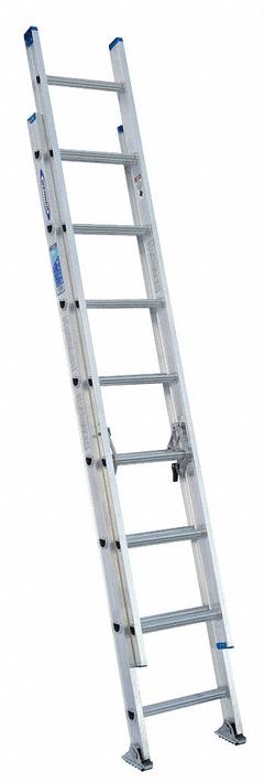 WERNER Extension Ladder: 16 ft Ladder Size, Aluminum, 250 lb Load Capacity, 26 lb Wt, 2 Sections (MPN D1316-2). Key specifications — Color: Silver; Brand: WERNER; Included Features: Rope and Pulley; Removable Fly: Removable.