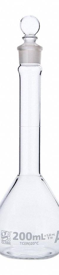 GLOBE SCIENTIFIC Volumetric Flask: 200 mL, Colorless, A, 0.20 mL, Includes Closure (MPN 8230200). Key specifications — Tolerance: 0.20 mL; Body Color: Colorless; Brand: GLOBE SCIENTIFIC; Compatible with Stopper Size: 19; USP Specification: Type I.
