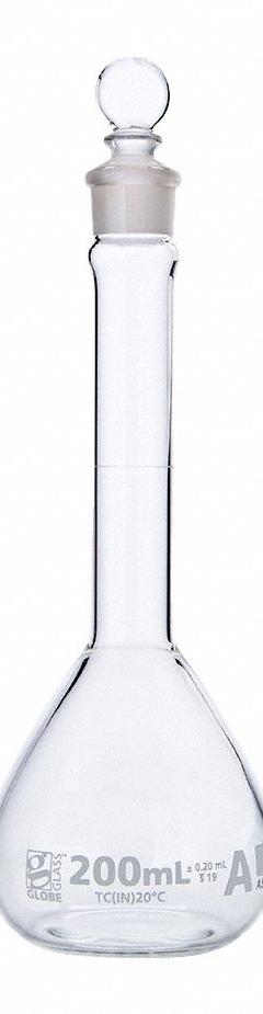 GLOBE SCIENTIFIC Volumetric Flask: 200 mL, Colorless, A, 0.20 mL, Includes Closure (MPN 8230200). Key specifications — Tolerance: 0.20 mL; Body Color: Colorless; Brand: GLOBE SCIENTIFIC; Compatible with Stopper Size: 19; USP Specification: Type I.