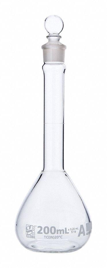GLOBE SCIENTIFIC Volumetric Flask: 200 mL, Colorless, A, 0.20 mL - Glass Volumetric Flasks