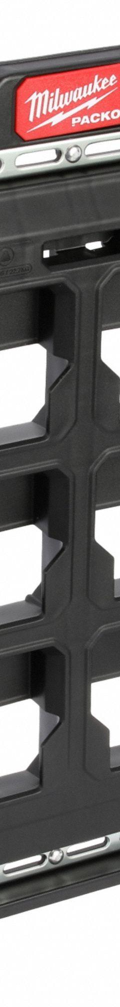 MILWAUKEE PACKOUT PACKOUT Compact Wall Plate: 10 1/4 in W x 1 in L, Polypropylene, Black (MPN 48-22-8496). Key specifications — attr1120120: Metal Reinforced Mounting Tracks; attr1120130: MILWAUKEE; attr1120217: Polypropylene; attr1120218: Black.