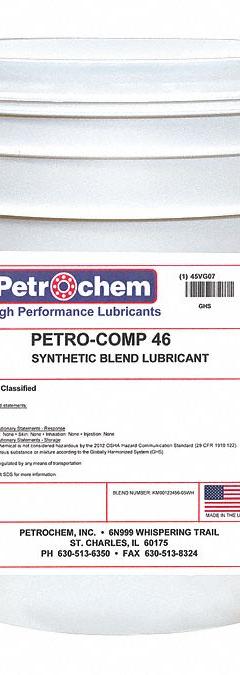 PETROCHEM Compressor Oil: 5 gal, Pail, 15 SAE Grade, 46 ISO Viscosity Grade, 97 Viscosity Index (MPN PETRO-COMP 46-005). Key specifications — attr59744: 97; attr59746: 46; attr59736: No; attr59735: Pail; attr59738: Petro-Comp; attr59749: 15.