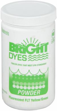 BRIGHT DYES Dye Tracer Powder: Yellow/Green, Water Tracing Dye, 3 to 6 min, <100 ppb (MPN 105001). Key specifications — Brand: BRIGHT DYES; Dissolution Time: 3 to 6 min; Color: Green/Yellow; Dye Type: Water Tracing Dye; Coverage: 120,000 gal (Strong Visual), 1,200,000 gal (Light Visual); Detectability: 100 ppb.