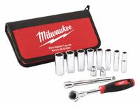 MILWAUKEE Socket Wrench Set: 3/8 in Drive, 12 Piece, 6-Point, Metric, 10 mm to 19 mm (MPN 48-22-9001). Key specifications — attr1224269: 3/8 in; attr1204638: Drive Tools Included; attr1204650: 10 mm to 19 mm; attr1204673: Socket Bits Not Included; attr1204681: Wrenches Not Included; attr1204688: MILWAUKEE; attr1224230: Friction; attr1206170: Deep Sockets.