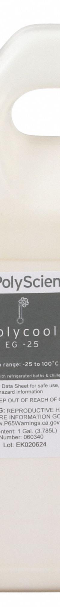 POLYSCIENCE Antifreeze Fluid: -25° to 100°C, -25° to 100°C, Antifreeze Fluid, 3.8 L Capacity (MPN 060340-KIT-GRAINGER). Key specifications — Brand: POLYSCIENCE; Product Type: Antifreeze Fluid; Temperature Range when mixed with 50%/50% DI Water: -25° to 100°C; Temperature Range: -25° to 100°C.