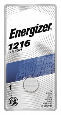 ENERGIZER Button Cell Battery: 1216 Battery Size, Lithium / Manganese Dioxide, 25 mAh Capacity (MPN ECR1216BP). Key specifications — Voltage - Batteries: 3V DC; Battery Chemistry: Lithium / Manganese Dioxide; Product Type: Coin Cell Battery; Battery Size: 1216; Brand: ENERGIZER; Voltage - Subhead: 3V DC.