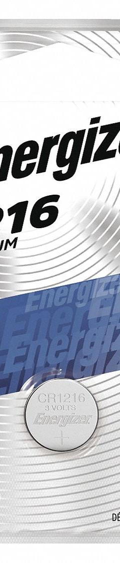 ENERGIZER Button Cell Battery: 1216 Battery Size, Lithium / Manganese Dioxide, 25 mAh Capacity (MPN ECR1216BP). Key specifications — Voltage - Batteries: 3V DC; Battery Chemistry: Lithium / Manganese Dioxide; Product Type: Coin Cell Battery; Battery Size: 1216; Brand: ENERGIZER; Voltage - Subhead: 3V DC.