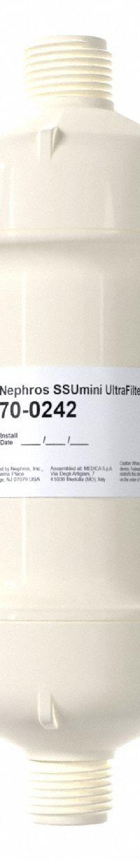 NEPHROS Inline Water Filter: 0.005 micron Micron Rating, Medisulfone, 1/4 in_3/8 in Connection Size (MPN 70-0242). Key specifications — Brand: NEPHROS; Compatible Product Type: Medical Equipment; Reduces: Bacteria.