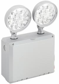 Emergency Light: 2.7 W Lamp Watt, 5.4 W Emergency Watt, 120/277V AC, 2 Lamp Heads, Plastic, Surface (MPN CU2WG). Key specifications — Input Voltage: 120/277V AC; Housing Material: Plastic; Mounting Type: Surface; Housing Color: Gray; Lighting Technology: LED; Environmental Rating: Damp Location Rated; IP Rating: Not Rated; Remote Capable: Yes.