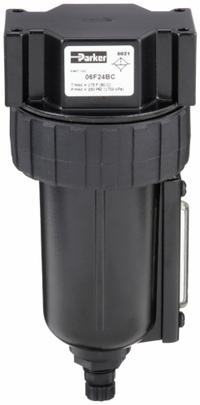 PARKER Compressed Air Filter: Particulate, 3/8 in NPT, 5 micron, 80 cfm, 250 psi Max Op Pressure (MPN 06F24BC). Key specifications — attr110055: 06F; attr110008: PARKER.