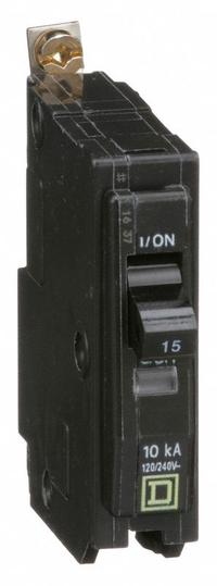 SQUARE D Miniature Circuit Breaker: 15 A, 120/240V AC, Single Phase, 10kA at 120/240V AC, 1 Poles (MPN QOB115). Key specifications — Phase: Single; Amps: 15 A; AC Voltage Rating: 120/240V AC; Max. AIR Rating: 10kA at 120/240V AC; For Use With: Square D NQOD Panelboards; Brand: SQUARE D.