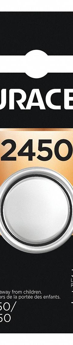 DURACELL Coin Cell Battery: 2450 Battery Size, Lithium, 600 mAh Capacity, 3V DC, 0.961 in Dia (MPN DL2450BPK). Key specifications — Voltage - Batteries: 3V DC; Battery Chemistry: Lithium; Product Type: Coin Cell Battery; Battery Size: 2450; Brand: DURACELL; Voltage - Subhead: 3V DC.
