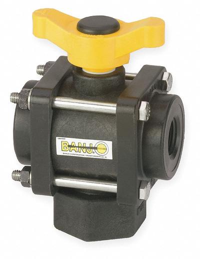 BANJO Manual Three-Way Ball Valve: 1 1/4 in, Polypropylene, L Flow, FNPT x FNPT x FNPT - L-Port Polypropylene Ball Valves