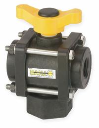 BANJO Manual Three-Way Ball Valve: 1 1/4 in, Polypropylene, L Flow, FNPT x FNPT x FNPT, Three-Piece (MPN V125BL). Key specifications — Brand: BANJO; Handle: Lever.