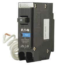EATON Circuit Breaker: 20 A, 120V AC, Single Phase, 10kA at 120V AC, Type BR Loadcenters, 1 Poles (MPN BRP120DF). Key specifications — Amps: 20 A; AC Voltage Rating: 120V AC; Phase: Single; Max. AIR Rating: 10kA at 120V AC; Circuit Breaker Type: Arc & Ground Fault Circuit Interrupter with Plug-On Neutral; For Use With: Type BR Loadcenters; Brand: EATON.