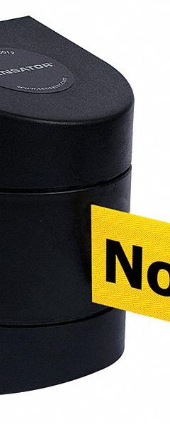 TENSABARRIER Retractable Belt Barrier: Hose Clamp Mounting Plate, 15 ft Belt Lg, Caution Messaging (MPN 897-15-C-33-NO-YAX-A). Key specifications — Message Color: Black; Frame Color: Black; Brand: TENSABARRIER; Belt Color: Yellow.