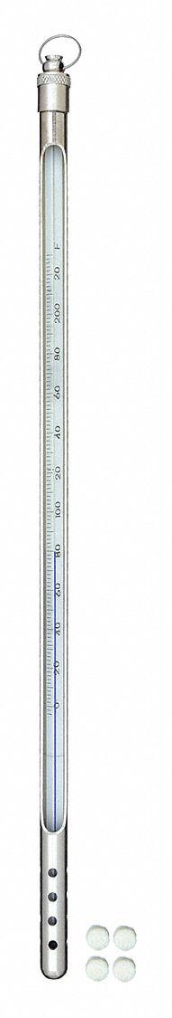 VEE GEE Armored Liquid In Glass Thermometer: -4°F to 230°F, Partial Immersion, 3 in Immersion Dp (MPN 80902-A). Key specifications — Accuracy: +/-2°F; Brand: VEE GEE; Temperature Units: Fahrenheit.