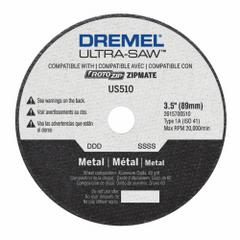 DREMEL Circular Saw Blade: 3 1/2 in Blade Dia., 0.05 in Cut Wd, 7/16 in Arbor Size, Thick Metal (MPN US510-01). Key specifications — attr1116119: DREMEL; attr1145631: Thin Sheet Metal.