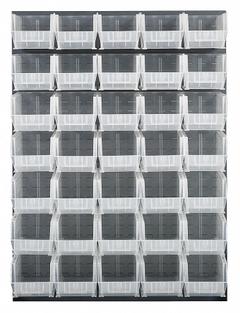 QUANTUM STORAGE SYSTEMS Louvered Panel: 61 in x 48 in x 1 in, 1 Sides, 35 Bins, Gray (MPN QLP-4861-240-35CL). Key specifications — Bin Style: Hang and Stack; Color: Gray; Bin Color: Clear; Finish: Powder Coated; Brand: QUANTUM STORAGE SYSTEMS.