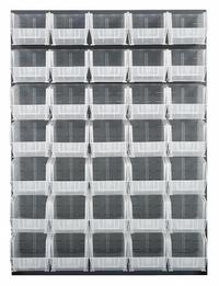 QUANTUM STORAGE SYSTEMS Louvered Panel: 61 in x 48 in x 1 in, 1 Sides, 35 Bins, Gray (MPN QLP-4861-240-35CL). Key specifications — Bin Style: Hang and Stack; Color: Gray; Bin Color: Clear; Finish: Powder Coated; Brand: QUANTUM STORAGE SYSTEMS.