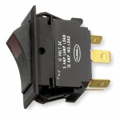 HUBBELL WIRING DEVICE-KELLEMS Marine Lighted Rocker Switch: 2 Positions, SPST, On/Off, Red (MPN MR11LRSP). Key specifications — DC Contact Rating: 5 A @ 12 V; Horsepower: Not Rated; NEMA Enclosure Rating: No Enclosure; Operator Illumination: Illuminated; Switch Color: Black; Terminal Connection Type: Spade Terminals; Includes Lamp Module: Lamp Module Included; Includes Lens: Lens Included.